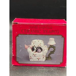 Vintage World Bazaars Black Sleeping On Floral Couch Single Size Teapot H 4 In.